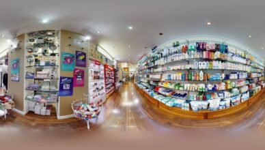 Interior view of a pharmacy showcasing various health products on shelves