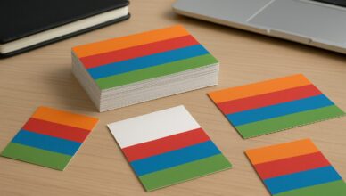Colorful printed cards arranged on a wooden table with a laptop and notebook in the background.