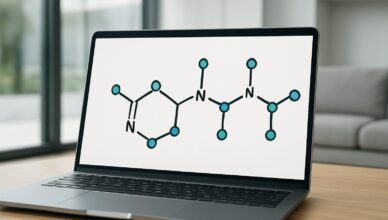 Laptop displaying a stylized molecular structure on a screen.